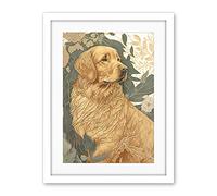 Artery8 Golden Retriever Dog in Nature Soft Pastel Colour Illustration Artwork Framed Wall Art Print 18X24 Inch