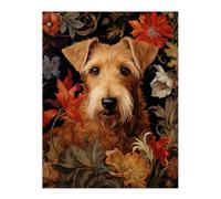 Artery8 Golden Sealyham Terrier Dog On Elegant Floral Backdrop William Morris Style Pattern Artwork Unframed Wall Art Print Poster Home Decor Premium Artery8 Multicolor W12" x H16"