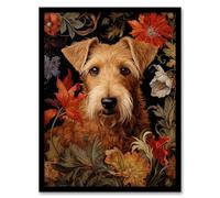 Artery8 Golden Sealyham Terrier Dog On Elegant Floral Backdrop William Morris Style Pattern Artwork Framed Wall Art Print 18X24 Inch