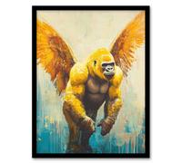 Artery8 Golden Yellow Gorilla Angel Wings Oil Painting Living Room Artwork Framed Wall Art Print A4