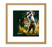 Artery8 Golfer Golf Course Golfing Sport Oil Painting Swing Out of Bunker Green Yellow Painting Square Wooden Framed Wall Art Print Picture 8X8 Inch Artery8 Light Oak