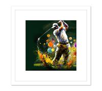 Artery8 Golfer Golf Course Golfing Sport Oil Painting Swing Out of Bunker Green Yellow Painting Square Wooden Framed Wall Art Print Picture 8X8 Inch Artery8 White