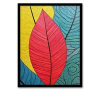 Artery8 Gond Painting Style Close Up Leaves Artwork Red Yellow Blue Line Drawing Stylised Patterns Artwork Framed Wall Art Print A4
