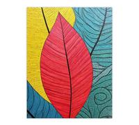 Artery8 Gond Painting Style Close Up Leaves Artwork Red Yellow Blue Line Drawing Stylised Patterns Extra Large XL Wall Art Poster Print