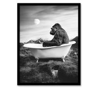 Artery8 Gorilla Ape in Bathtub Black White Valley Surreal Living Room Artwork Framed Wall Art Print 18X24 Inch