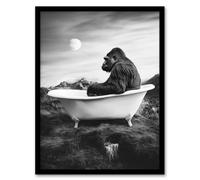Gorilla Ape in Bathtub Black White Valley Surreal Framed Art Print Artery8 Grey A4
