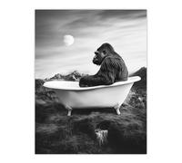 Artery8 Gorilla Ape in Bathtub Black White Valley Surreal Wall Art Print in Grey | Size: W18" x H24" Artery8 Grey W18" x H24"