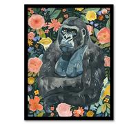 Artery8 Gorilla Ape in Floral Jungle Watercolour Portrait Framed Wall Art | Size: W12" x H16" Artery8 Multicolor W12" x H16"