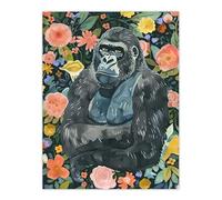 Artery8 Gorilla Ape in Floral Jungle Watercolour Portrait Living Room Extra Large XL Wall Art Poster Print