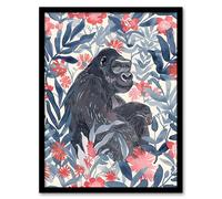 Artery8 Gorilla Ape & Pink Tropical Flowers Watercolour Framed Wall Art in Blue | Size: A4 Artery8 Blue A4