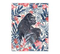 Artery8 Gorilla Ape & Pink Tropical Flowers Watercolour Wall Art Print in Blue | Size: W24" x H32" Artery8 Blue W24" x H32"