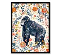 Artery8 Gorilla Ape with Wildflowers Floral Watercolour Living Room Artwork Framed Wall Art Print 18X24 Inch