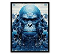 Artery8 Gorilla Army Robot Hybrid Schematic Blue Futuristic Secret Complex Arcane Manuscript Wall Art Print - A4 Size