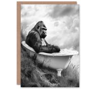 Artery8 Gorilla Bubble Bath Bathtub Black White Surreal Birthday Greeting Card in Grey Artery8 Grey