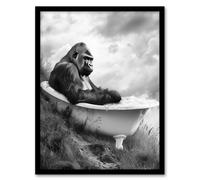 Artery8 Framed Wall Art Gorilla Bubble Bath Bathtub Black White Surreal Print - 12X16 Inch