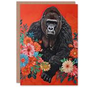 Artery8 Greeting Card Gorilla in Bright Flowers Painting Red Animal Blank For Him Or Her Art Birthday Card