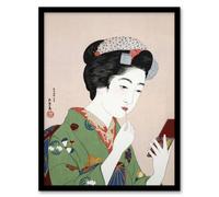 Artery8 Goyo Hashiguchi Framed Wall Art Print Woman Applying Rouge Lipstick in Green | Size: A3 Artery8 Green A3