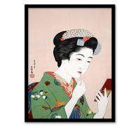 Artery8 Goyo Hashiguchi Framed Wall Art Print Woman Applying Rouge Lipstick in Green | Size: A3 Artery8 Green A3