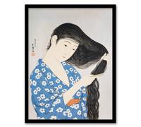 Artery8 Goyo Hashiguchi Framed Wall Art Print Woman Combing Her Hair in Blue | Size: A4 Artery8 Blue A4