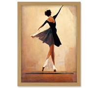 Artery8 Graceful Ballet Dancer In Black Dress Artwork Framed Wall Art Print A4 in Light Oak Artery8 Light Oak