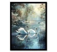 Artery8 Graceful Swans Tranquil Winter Lake Painting Living Room Artwork Framed Wall Art Print A4