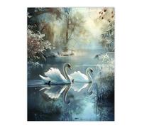 Artery8 Graceful Swans Tranquil Winter Lake Painting Wall Art Print in Blue | Size: W12" x H16" Artery8 Blue W12" x H16"
