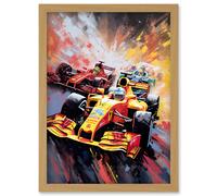Grand Prix Championship Cars Racing on Track Artwork Framed Wall Art Print A4 Artery8 Light Oak One Size