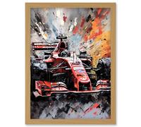 Artery8 Grand Prix Paint Splat Red Race Car Bold Artwork Framed Wall Art Print A4 in Light Oak Artery8 Light Oak