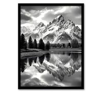 Artery8 Grand Teton Reflected in Snake River Black and White Artwork Framed Wall Art Print 18X24 Inch