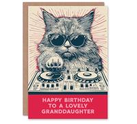 Artery8 Granddaughter Happy Birthday Card DJ Moggie Retro Cool Cat On Decks Fun Funny For Her Greeting Card