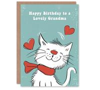 Artery8 Grandma Happy Birthday Card Happy White Cat In Scarf Drawing Love Hearts For Her Greeting Card