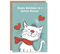 Artery8 Granny Happy Birthday Card Happy White Cat In Scarf Drawing Love Hearts For Her Greeting Card