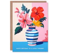 Artery8 Granny Happy Birthday Card Magnolia Lilies Modern Bold Colourful Bouquet Vase For Her Greeting Card