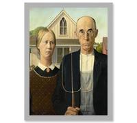 Artery8 Grant Wood American Gothic Iconic A4 Artwork Framed Wall Art Print in Light Grey Artery8 Light Grey