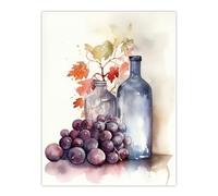 Artery8 Grapes And Glass Purple Still Life Watercolour Bottles And Autumn Leaves Extra Large XL Wall Art Poster Print
