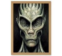 Artery8 Gray Alien Gothic Horror Dark Monochrome Artwork Framed Wall Art Print A4 in Light Oak Artery8 Light Oak