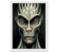 Artery8 Gray Alien Gothic Horror Dark Monochrome Artwork Framed Wall Art Print A4 in White Artery8 White