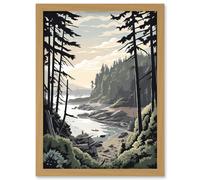 Artery8 Great Bear Rainforest Hikers Coastal Landscape Artwork Framed Wall Art Print A4 in Light Oak Artery8 Light Oak