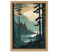 Artery8 Great Bear Rainforest Misty Sunrise Landscape Artwork Framed Wall Art Print A4 in Light Oak Artery8 Light Oak