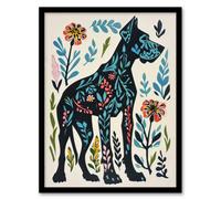 Artery8 Great Dane Dog Lover Floral Folk Art Pattern Living Room Artwork Framed Wall Art Print A4