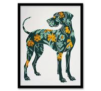 Artery8 Great Dane Dog Lover Green Orange Floral Pattern Framed Wall Art | Size: A4 Artery8 Green A4