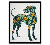 Artery8 Great Dane Dog Lover Green Orange Floral Pattern Living Room Artwork Framed Wall Art Print A4