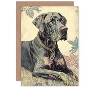 Artery8 Great Dane Dog with Floral Pattern Modern Linocut Illustration Art Birthday Sealed Greeting Card Plus Envelope Blank inside