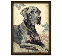 Artery8 Great Dane Dog with Floral Pattern Modern Linocut Illustration Artwork Framed A3 Wall Art Print