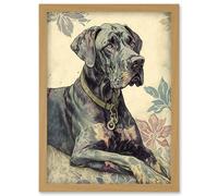 Artery8 Great Dane Dog with Floral Pattern Modern Linocut Illustration Artwork Framed Wall Art Print A4 in Light Oak Artery8 Light Oak