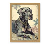 Artery8 Great Dane Dog with Floral Pattern Modern Linocut Illustration Artwork Framed Wall Art Print 18X24 Inch