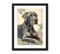 Artery8 Great Dane Dog with Floral Pattern Modern Linocut Illustration Artwork Framed Wall Art Print 18X24 Inch