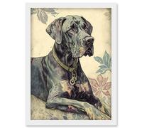 Artery8 Great Dane Dog with Floral Pattern Modern Linocut Illustration Artwork Framed Wall Art Print A4 in White Artery8 White