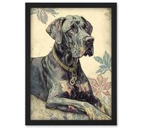 Artery8 Great Dane Dog with Floral Pattern Modern Linocut Illustration Artwork Framed Wall Art Print A4 in Black Artery8 Black