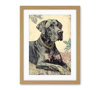 Artery8 Great Dane Dog with Floral Pattern Modern Linocut Illustration Artwork Framed Wall Art Print 18X24 Inch